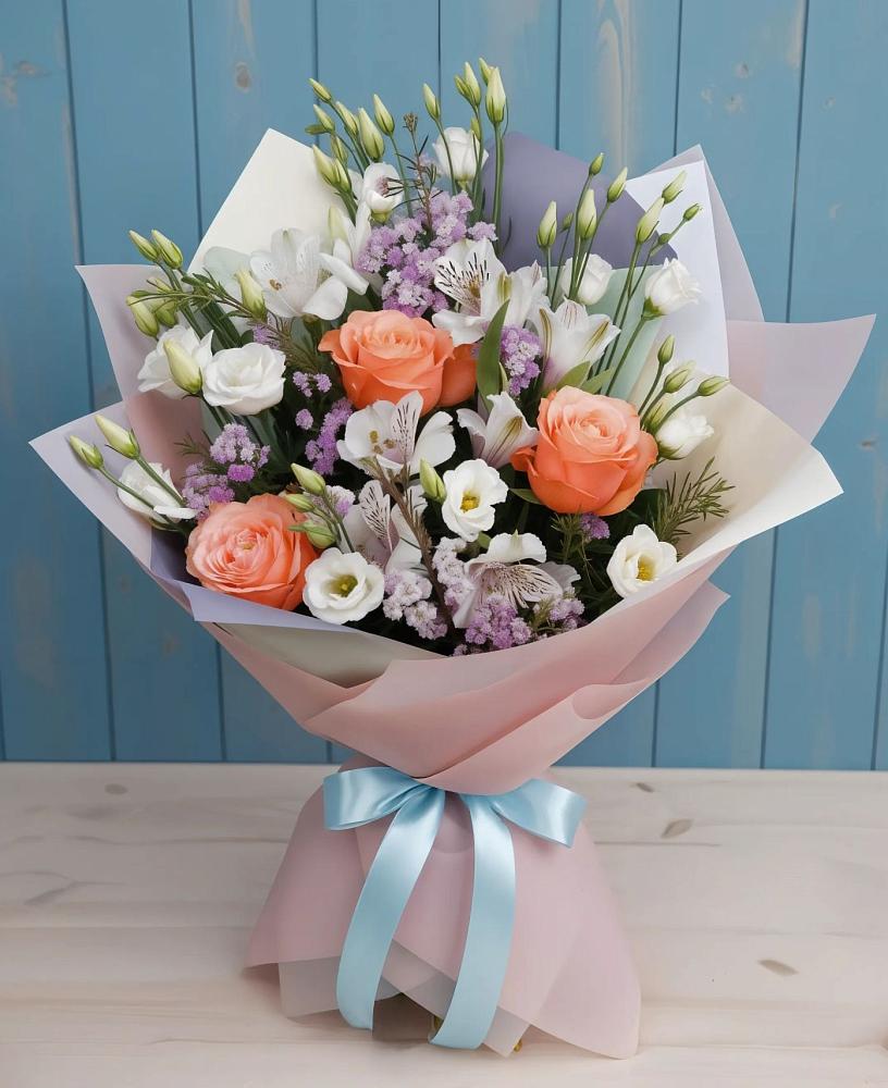 Букет цветов из: Лизиантусы, Розы, Альстромерии и Гипсофила в Поповке
