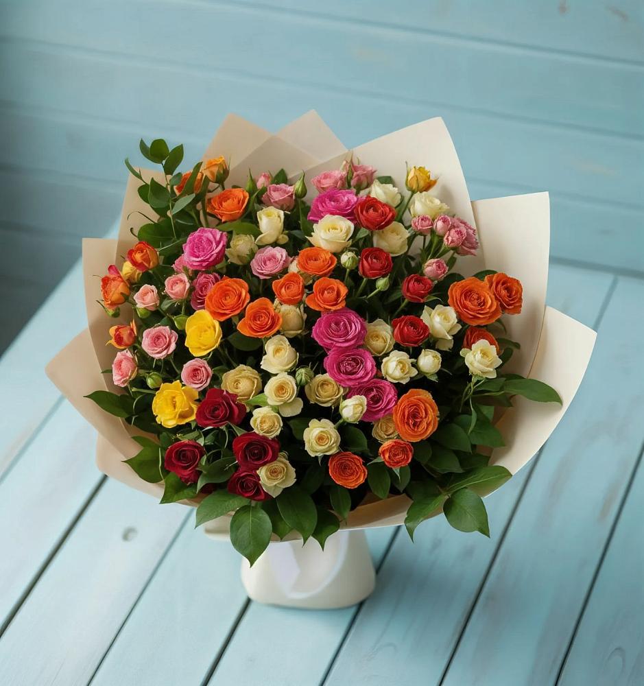 Букет Микс из разноцветных кустовых роз в Поповке